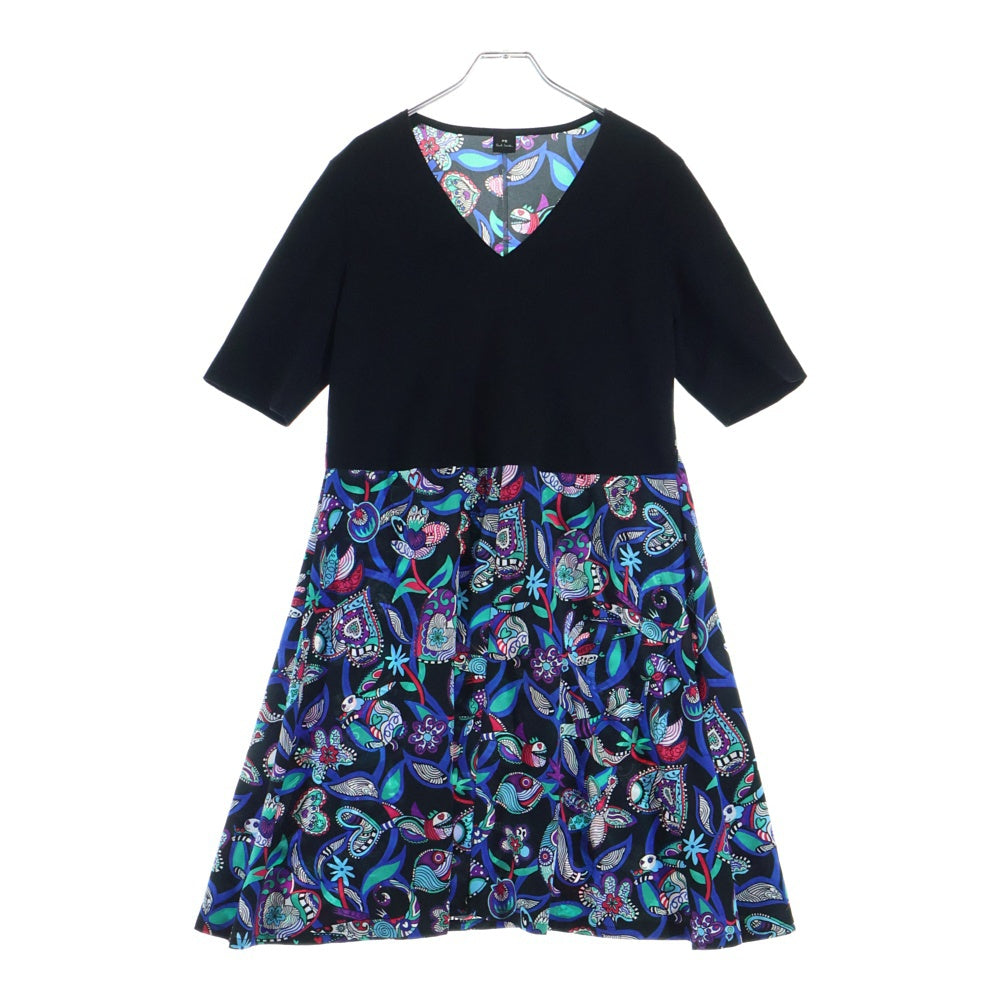 Paul Smith(ポールスミス) 花総柄 ニット切替 Vネック 半袖ワンピース レディース ブルー