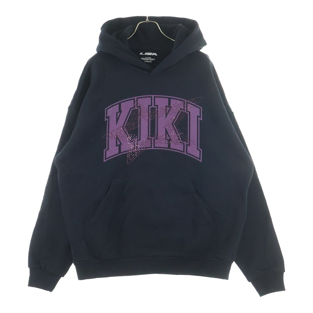 NO BRAND(ノーブランド) ALTER EGO KIKI HOODIE アルターエゴ フロントプリント カンガルーポケット ラインストーン プルオーバースウェットパーカー ブラック/パープル