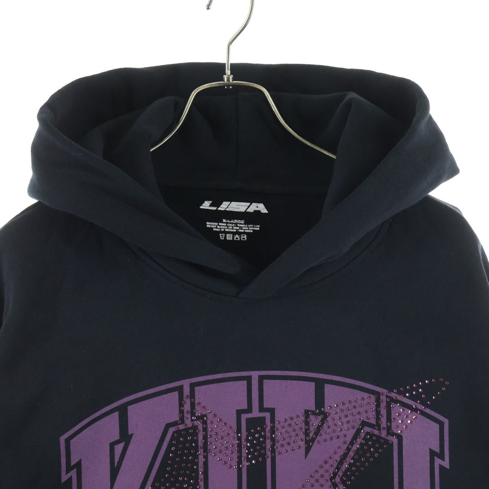 NO BRAND(ノーブランド) ALTER EGO KIKI HOODIE アルターエゴ フロントプリント カンガルーポケット ラインストーン プルオーバースウェットパーカー ブラック/パープル