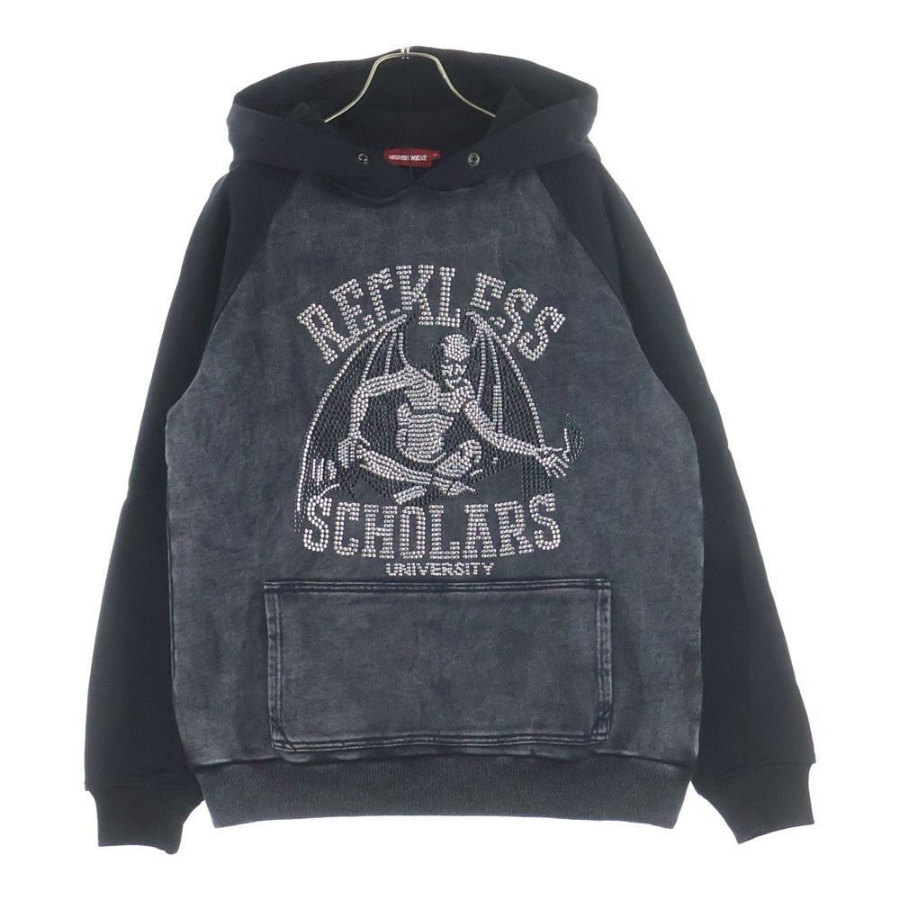 NO BRAND(ノーブランド) RECKLESS SCHOLARS STONEWASHED HOODIE レックレススカラーズ カンガルーポケット ストーンウオッシュド プルオーバースウェットパーカー グレー/ブラック