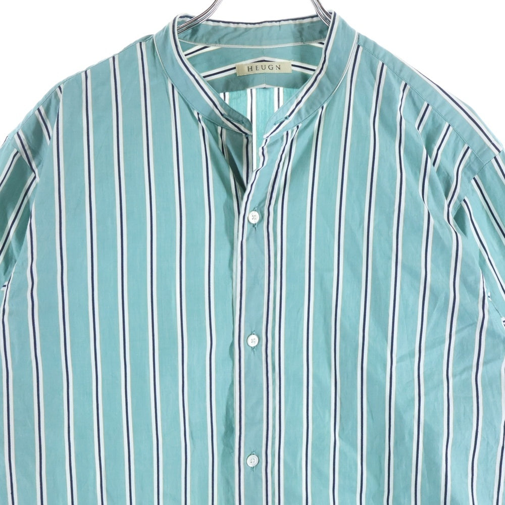 HEUGN(ユーゲン) バンドカラー ストライプ 長袖シャツ グリーン