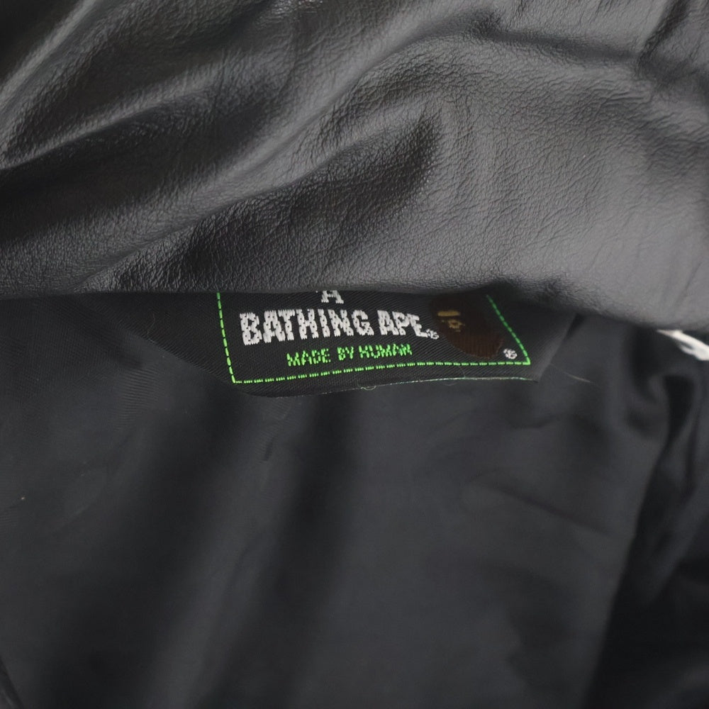 A BATHING APE(アベイシングエイプ) カウハイドレザー ファーフーデッド ダウンジャケット ブラック