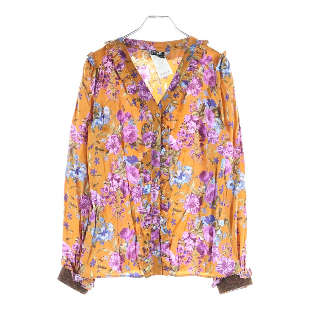 DOLCE & GABBANA(ドルチェアンドガッバーナ) フローラル柄 フリルデザイン カラーレス 長袖シャツ レディース ブラウン ET.012
