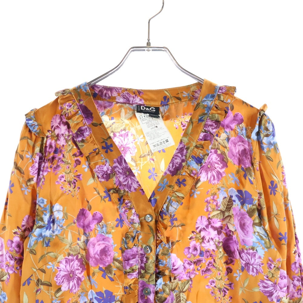 DOLCE & GABBANA(ドルチェアンドガッバーナ) フローラル柄 フリルデザイン カラーレス 長袖シャツ レディース ブラウン ET.012
