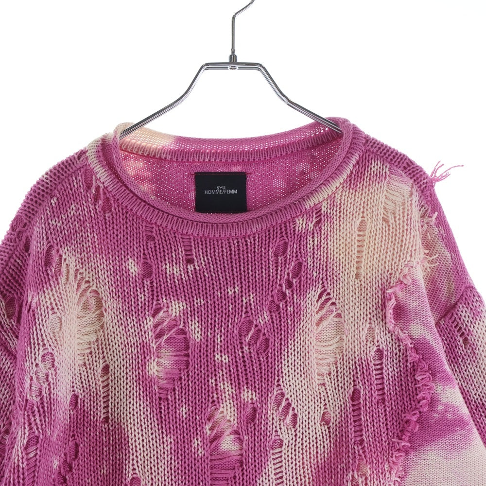 SYU.HOMME/FEMM(シュウ オム フェム) FIRE WORKS PULLOVER SWEATER ファイヤー ワークス ロゴパッチ 総柄 ダメージデザイン クルーネック ニット プルオーバー セーター ピンク H20SS-19