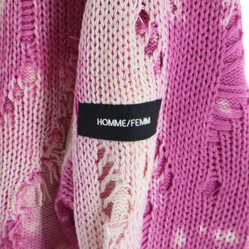 SYU.HOMME/FEMM(シュウ オム フェム) FIRE WORKS PULLOVER SWEATER ファイヤー ワークス ロゴパッチ 総柄 ダメージデザイン クルーネック ニット プルオーバー セーター ピンク H20SS-19