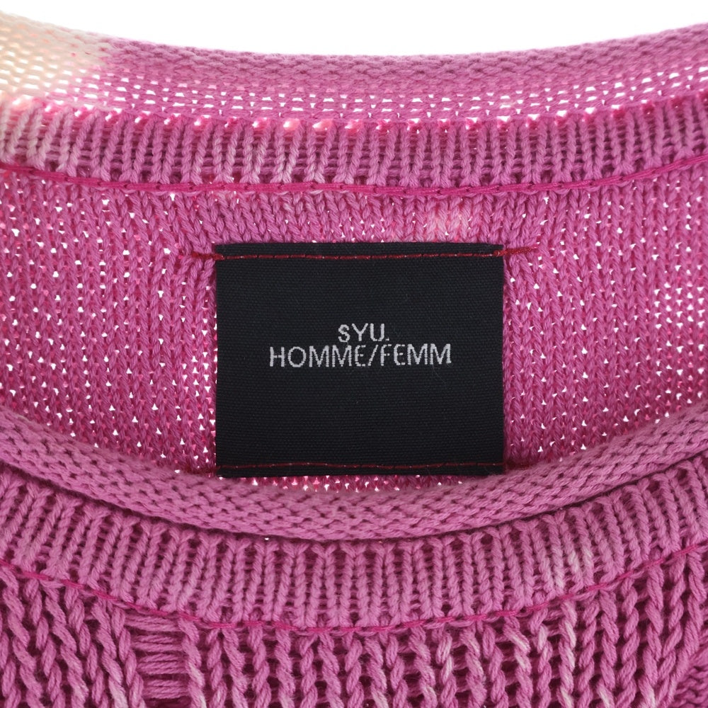 SYU.HOMME/FEMM(シュウ オム フェム) FIRE WORKS PULLOVER SWEATER ファイヤー ワークス ロゴパッチ 総柄 ダメージデザイン クルーネック ニット プルオーバー セーター ピンク H20SS-19