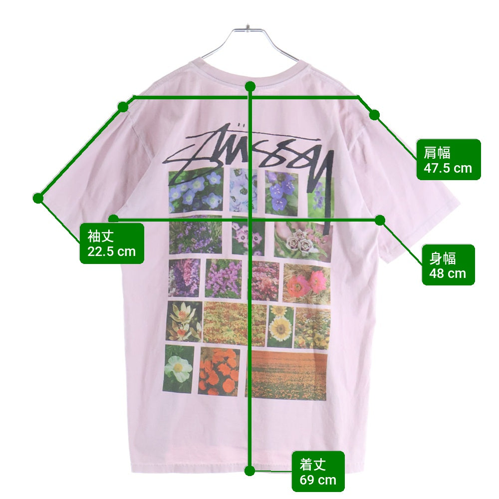 STUSSY(ステューシー) 23SS FLOWER GRID PIGMENT DYERD TEE フラワーグリッド ピグメントダイ バックプリント クルーネック半袖Tシャツ カットソー ピンク 1904884H