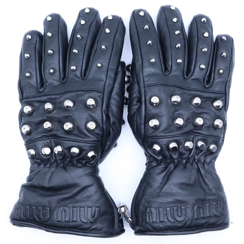 miumiu(ミュウミュウ) STUDS GLOVES ロゴエンボス ラムスキン スタッズ レザー グローブ 手袋 ブラック レディース 5GG153 2DP8