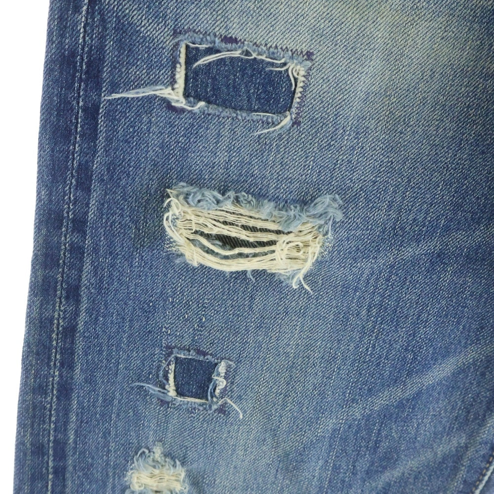 HYSTERIC GLAMOUR(ヒステリックグラマー) ダメージ リペア加工 スタッズデザイン ボタンフライ ストレートデニムパンツ インディゴ 4AP-2103