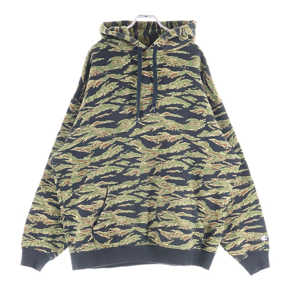 RON HERMAN(ロンハーマン) ×Champion チャンピオン タイガーカモ柄 スウェット プルオーバーパーカー ブラック/カーキ C8-A124