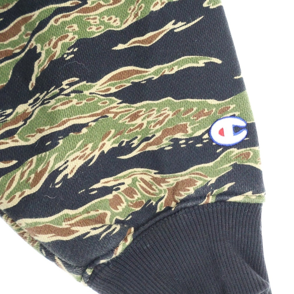 RON HERMAN(ロンハーマン) ×Champion チャンピオン タイガーカモ柄 スウェット プルオーバーパーカー ブラック/カーキ C8-A124