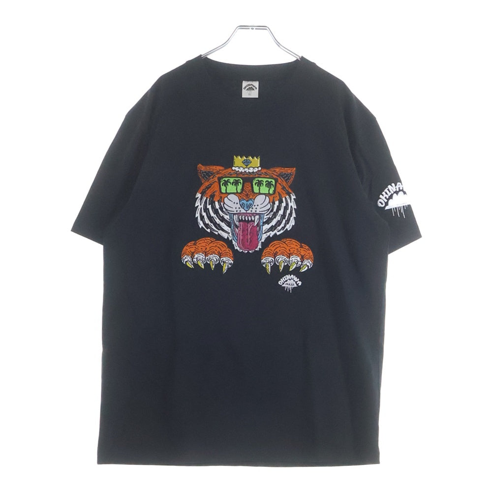 NO BRAND(ノーブランド) MULGA マルガ OKINAWA 沖縄 フロントタイガーエンブロイダリー 半袖Tシャツ カットソー ブラック