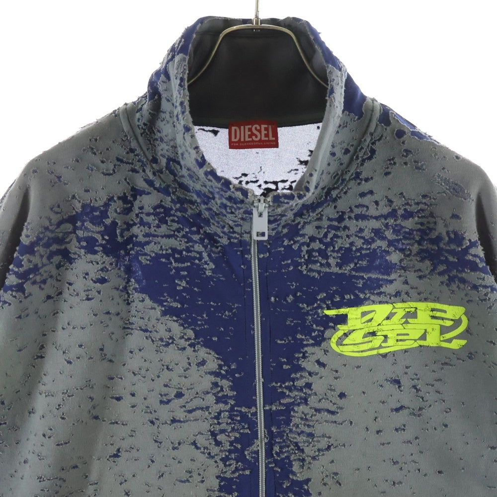 DIESEL(ディーゼル) S-ALUTE-LZ ウォッシュ加工 ドローコード付き ロゴプリント ジップアップ スウェットジャケット チャコール/ネイビー A12199
