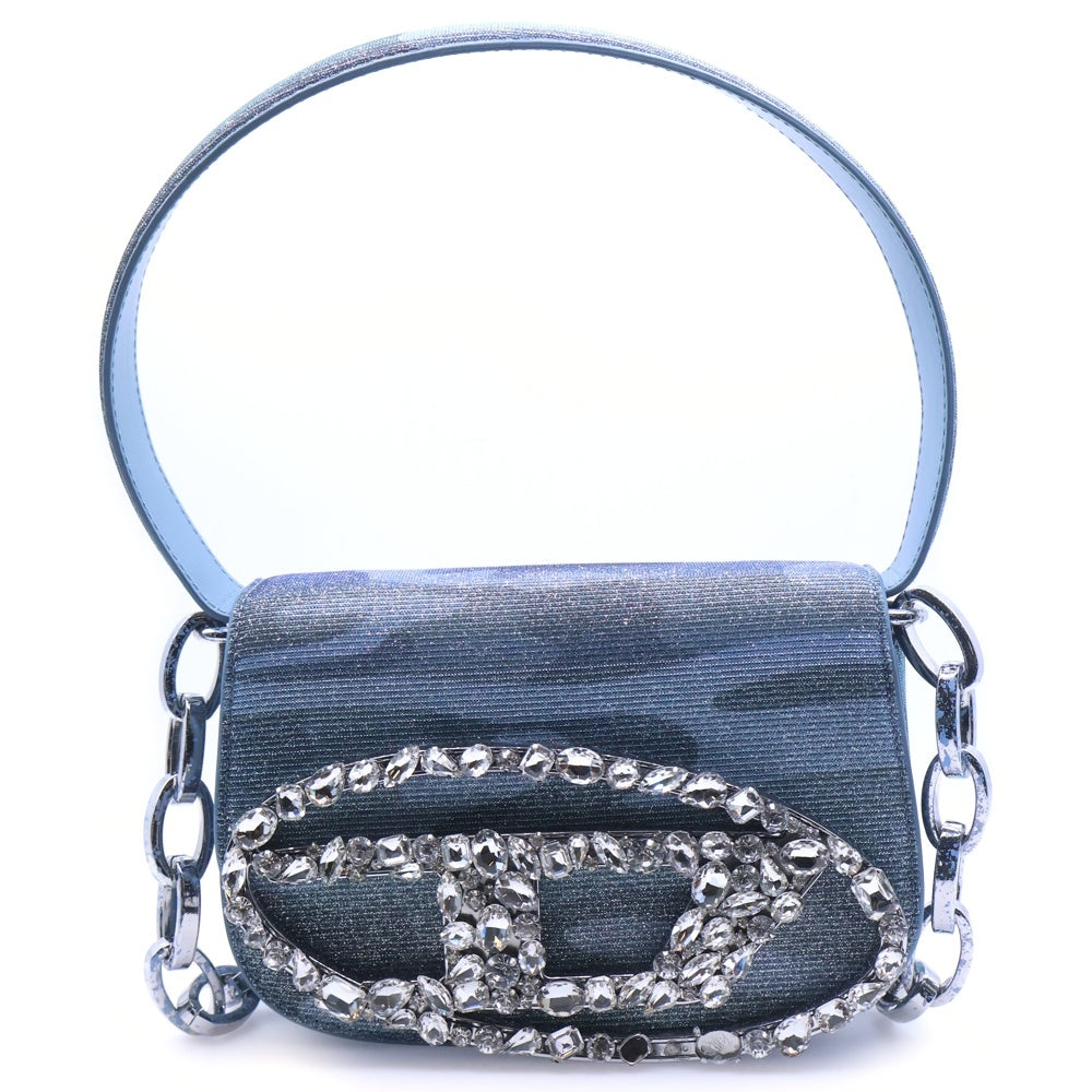 DIESEL(ディーゼル) 24SS 1DR-ICONIC SHOULDER BAG IN CAMO LUREX カモフラージュ クリスタルロゴプレート チェーンショルダー ハンドバッグ ブルー X08396P6709