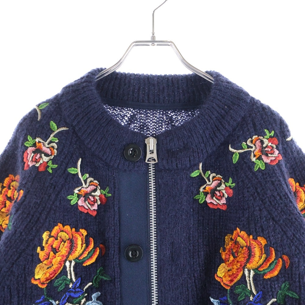 Sacai(サカイ) 22AW FLOWER EMBROIDERY KNIT CARDIGAN フラワー エンブロイダリー ジップアップ ニット カーディガン ネイビー 22-02844M