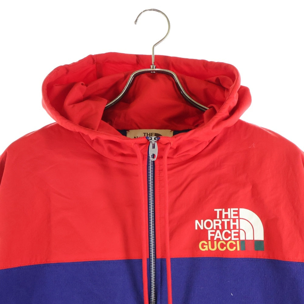 GUCCI(グッチ) 21AW ×THE NORTH FACE ノースフェイス ロゴデザイン ナイロン切り替え フーデッド ジップアップ スウェット パーカー パープル 671462