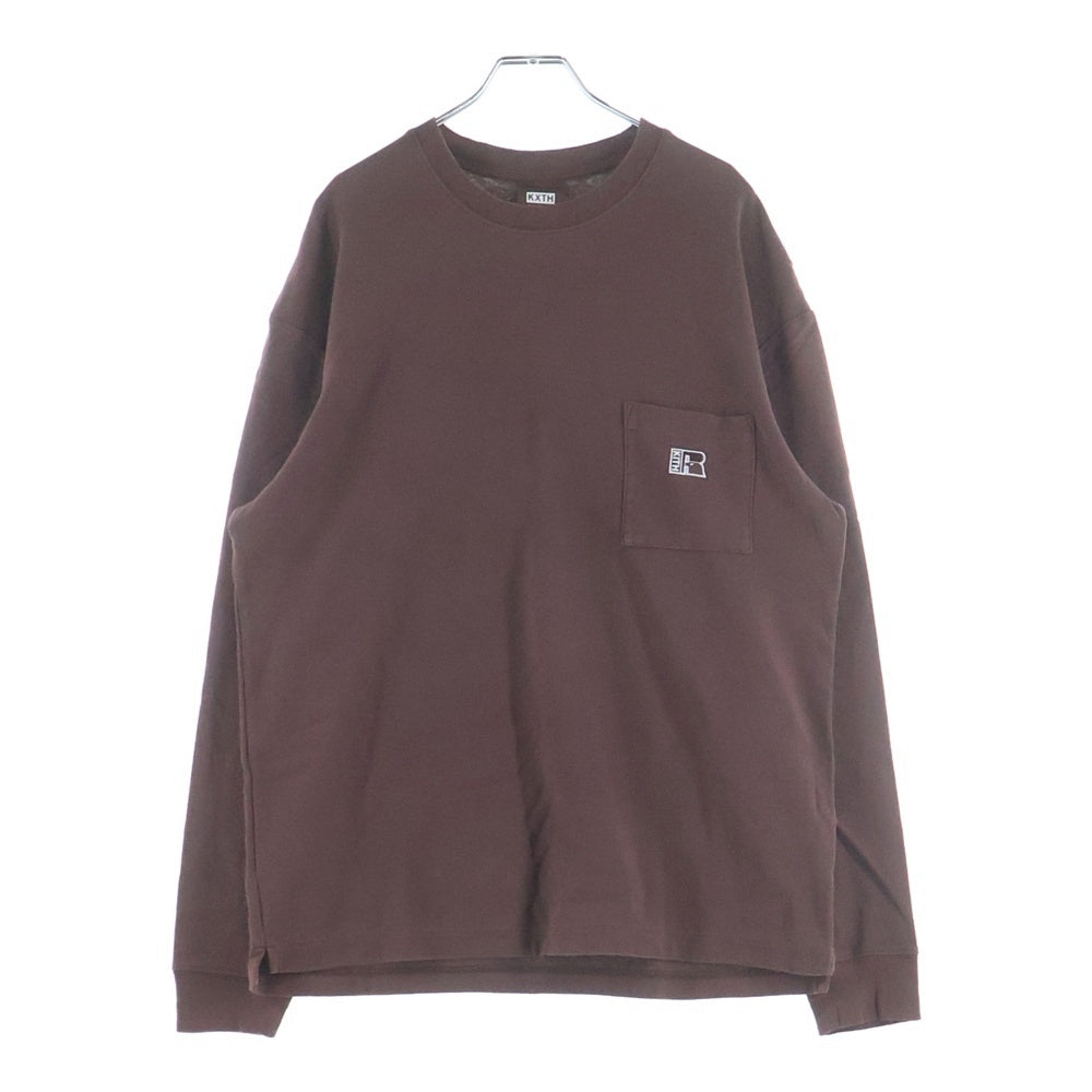 KITH(キス) ×RUSSELATHLETIC ラッセルアスレチック エンブロイダリーロゴデザイン 胸ポケット クルーネック カットソー 長袖Tシャツ ブラウン KHM030002