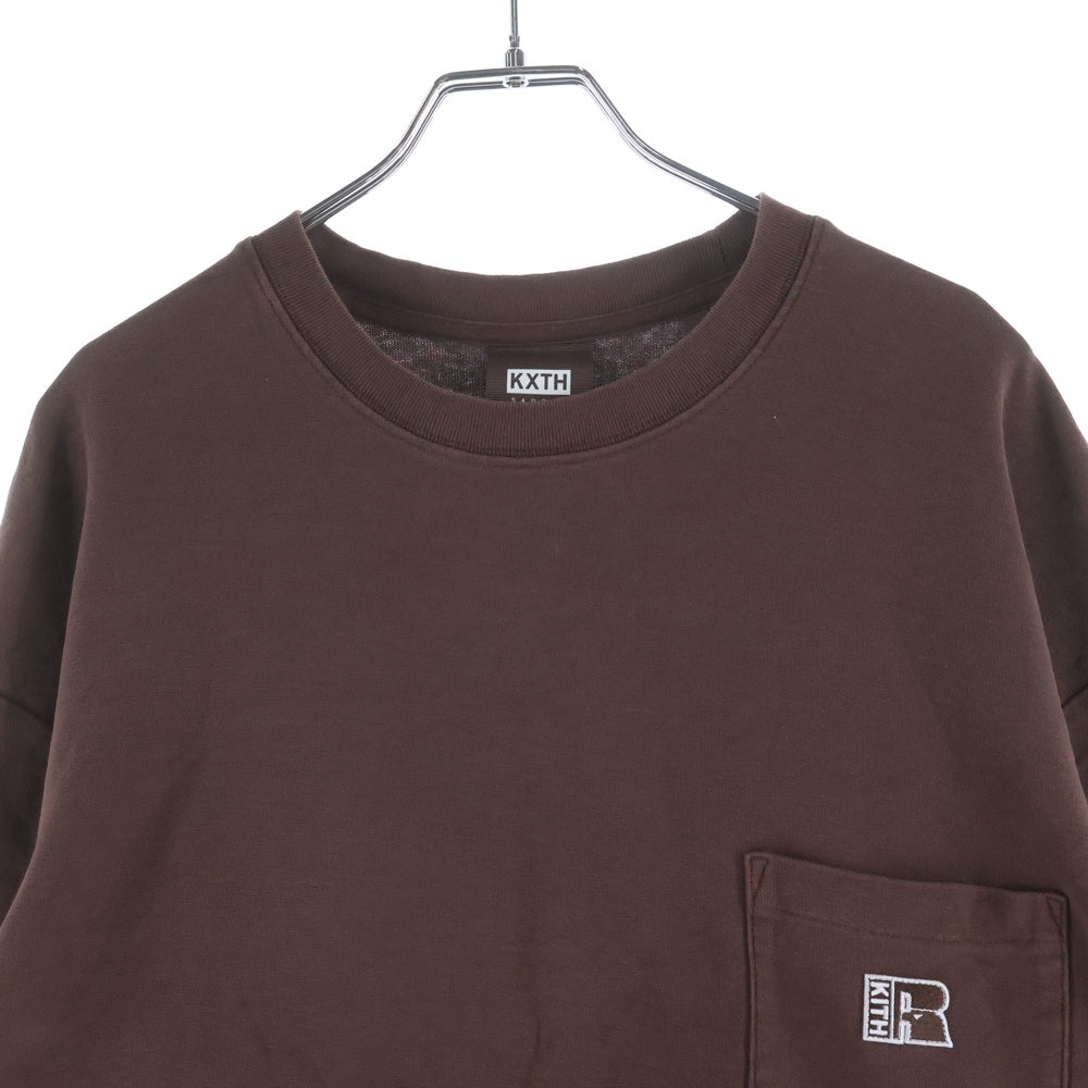 KITH(キス) ×RUSSELATHLETIC ラッセルアスレチック エンブロイダリーロゴデザイン 胸ポケット クルーネック カットソー 長袖Tシャツ ブラウン KHM030002