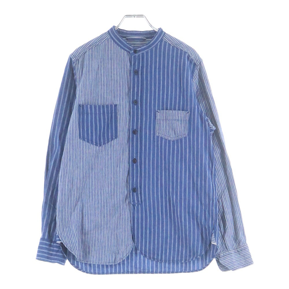 NIGEL CABOURN(ナイジェルケーボン) ストライプ ノーカラー長袖シャツ ブルー 8020010009
