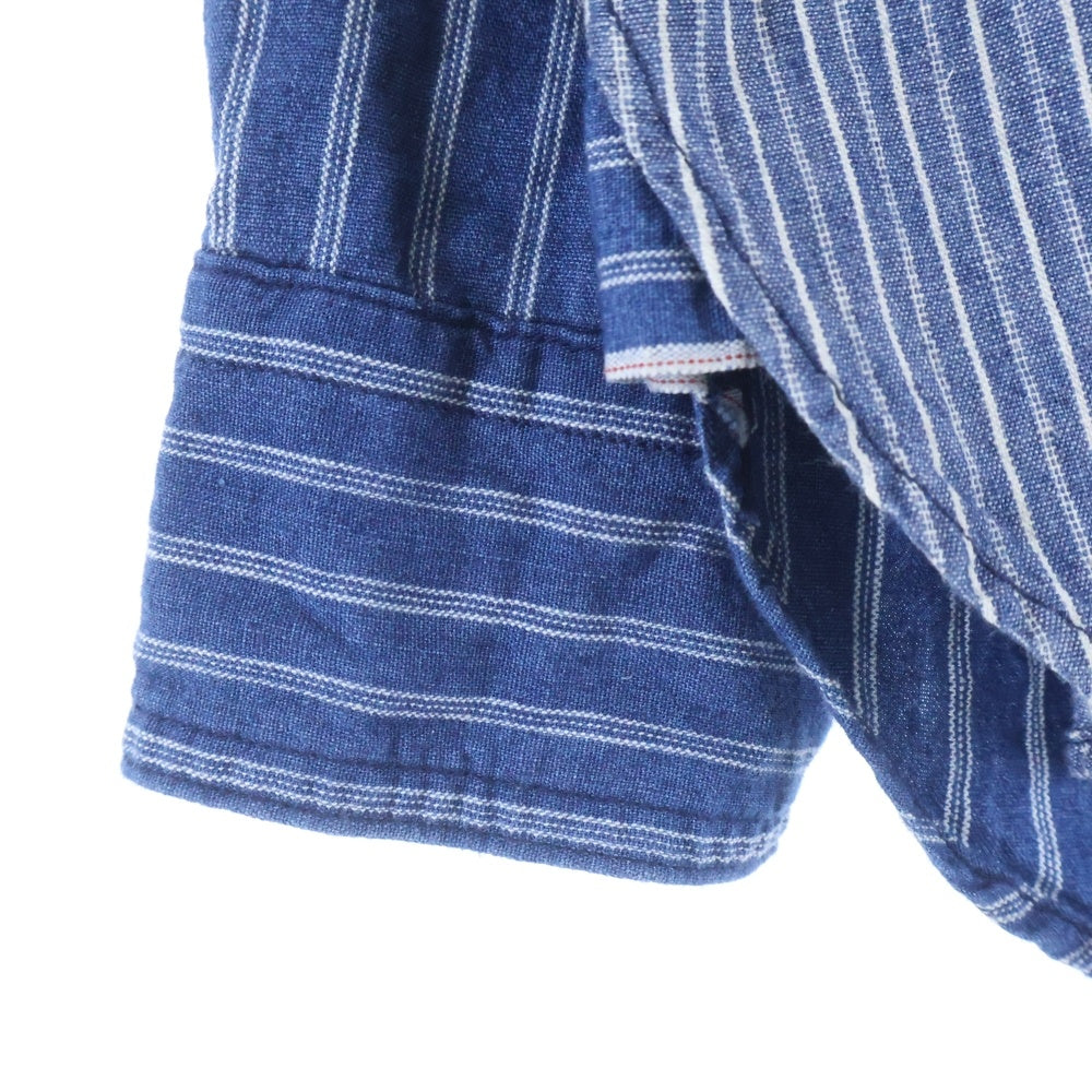 NIGEL CABOURN(ナイジェルケーボン) ストライプ ノーカラー長袖シャツ ブルー 8020010009