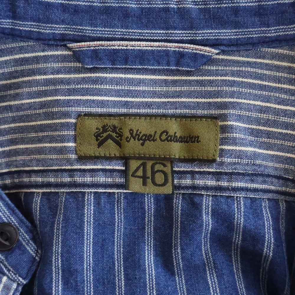 NIGEL CABOURN(ナイジェルケーボン) ストライプ ノーカラー長袖シャツ ブルー 8020010009