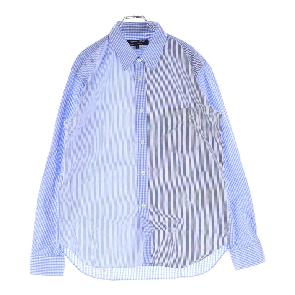 COMME des GARCONS HOMME DEUX(コムデギャルソン オムドゥ) 24AW AD2024 ストライプ切替 チェック 長袖 シャツ ブルー DN‐B031