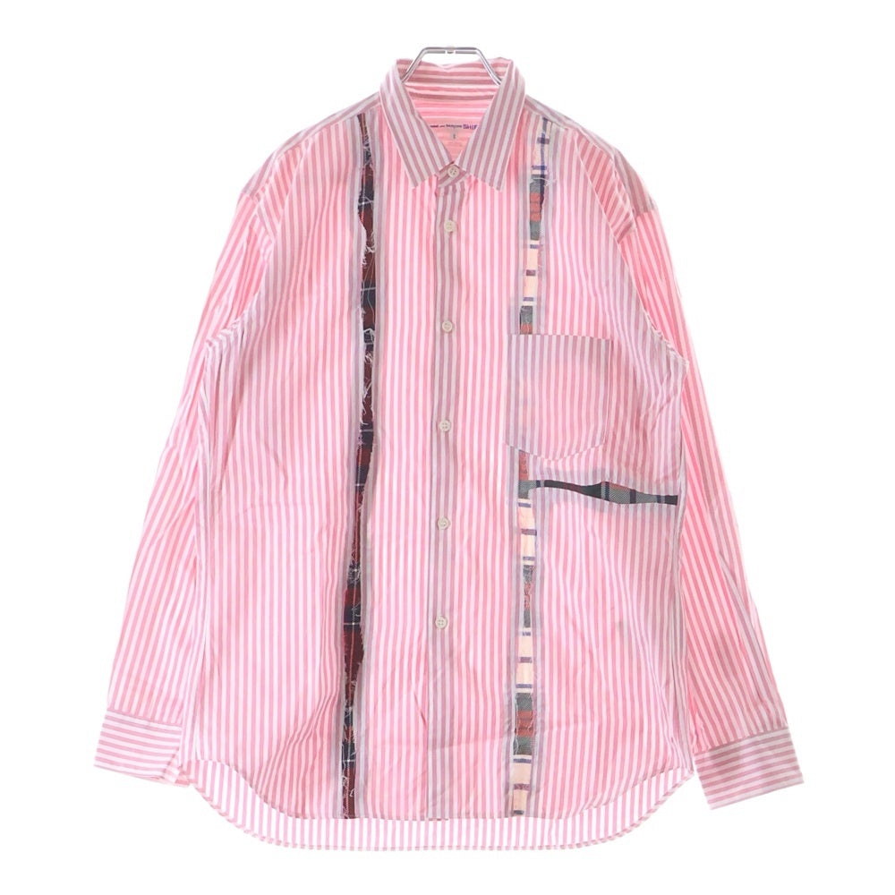 COMME des GARCONS SHIRT(コムデギャルソンシャツ) 22AW フロントカットオフ切替加工 長袖ストライプシャツ ピンク/ホワイト FJ-B015