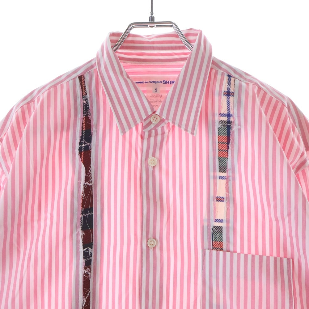 COMME des GARCONS SHIRT(コムデギャルソンシャツ) 22AW フロントカットオフ切替加工 長袖ストライプシャツ ピンク/ホワイト FJ-B015