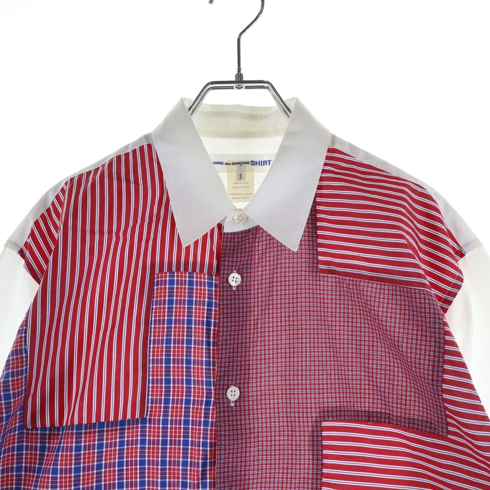 COMME des GARCONS SHIRT(コムデギャルソンシャツ) 19AW フロントパッチワーク加工 長袖ボタンシャツ レッド/ホワイト W27081