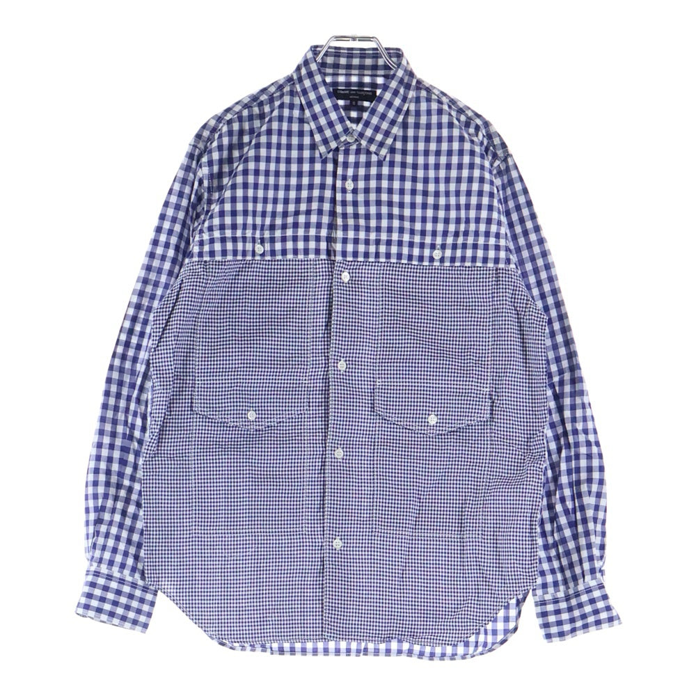 COMME des GARCONS HOMME(コムデギャルソンオム) 21SS AD2020 マルチポケット フロント切替 長袖チェックシャツ ブルー/ホワイト HG-B021