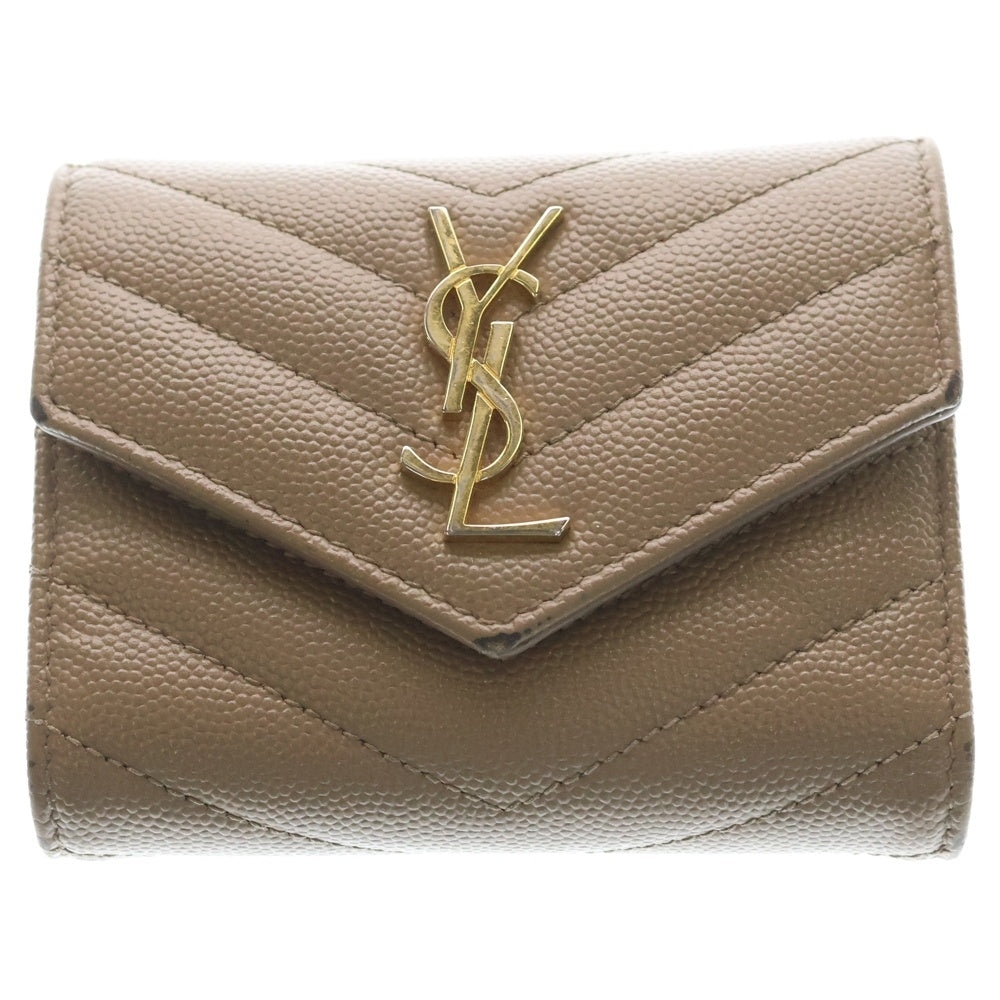 SAINT LAURENT PARIS(サンローランパリ) モノグラム エンボスレザー カサンドラ マルチフォールドミニウォレット 三つ折り財布 ベージュ 692061 レディース