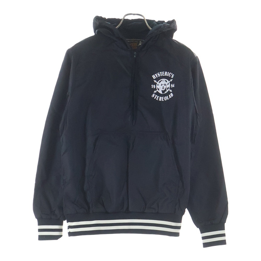 HYSTERIC GLAMOUR(ヒステリックグラマー) ナイロン ロゴプリント ハーフジップ プルオーバーフーデッドジャケット ブラック 02173AB07