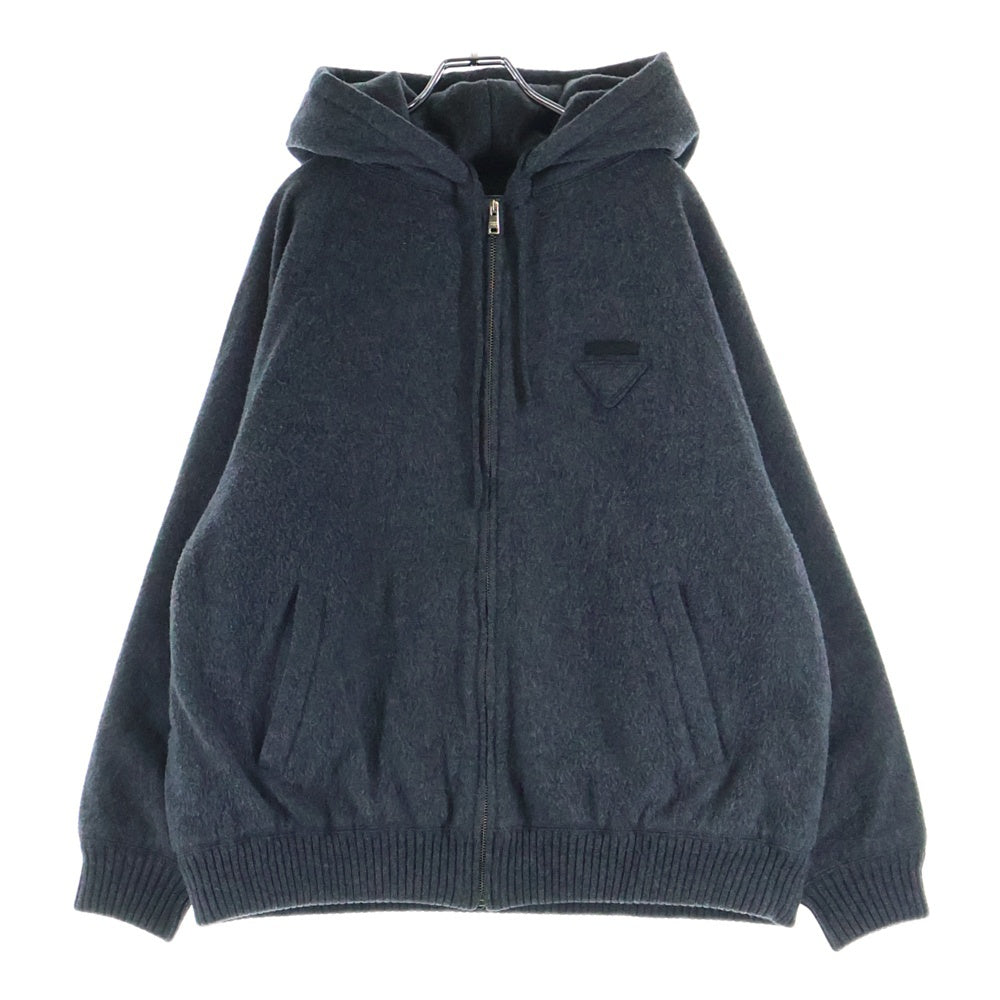 PRADA(プラダ) トライアングルロゴ カシミヤ混 バージンウール ジップアップ フーデッドジャケット グレー 138574