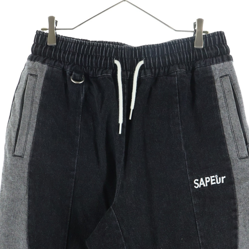 SAPEur(サプール) 切り替えデザイン ドローストリング デニムトラックパンツ ブラック
