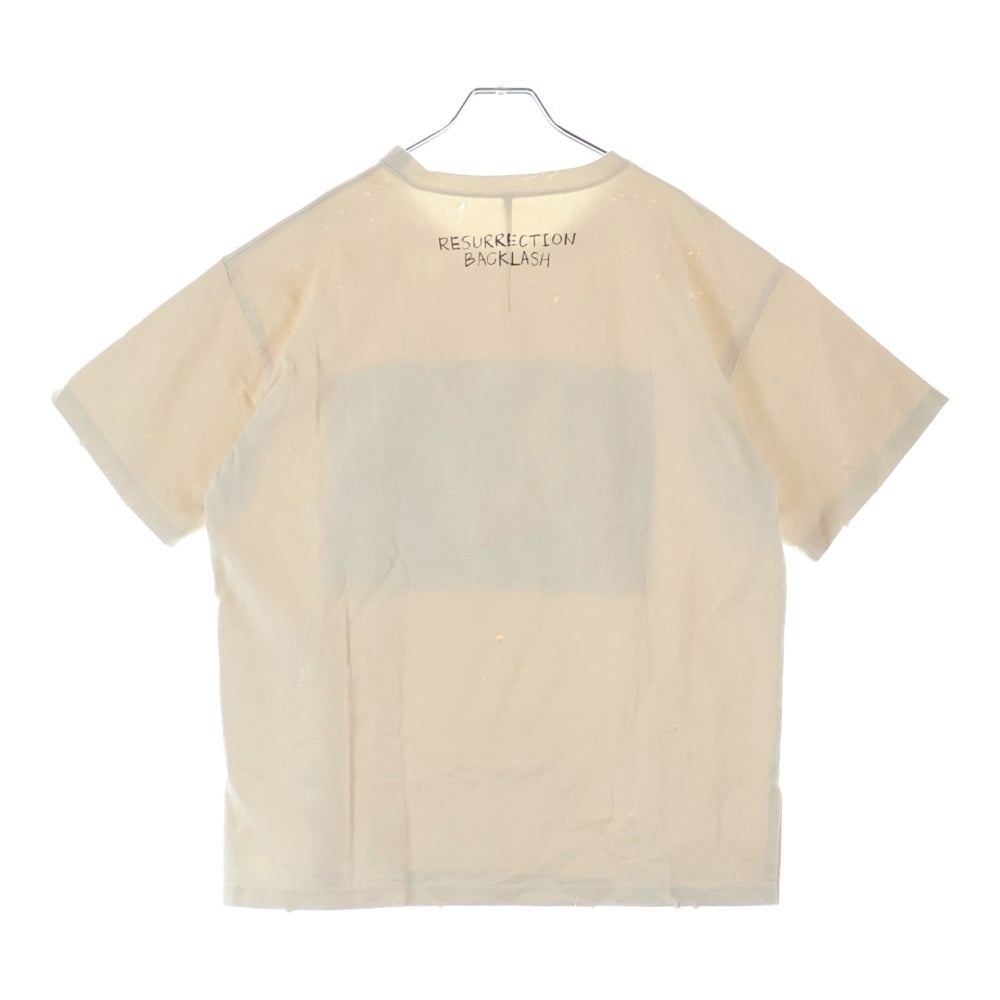 ISAMU KATAYAMA BACKLASH(イサムカタヤマバックラッシュ) 24SS ×RESURRECTION レザレクション コットン天竺製品染 ダメージ加工Tシャツ 半袖クルーネックカットソー ベージュ RES-2111-01