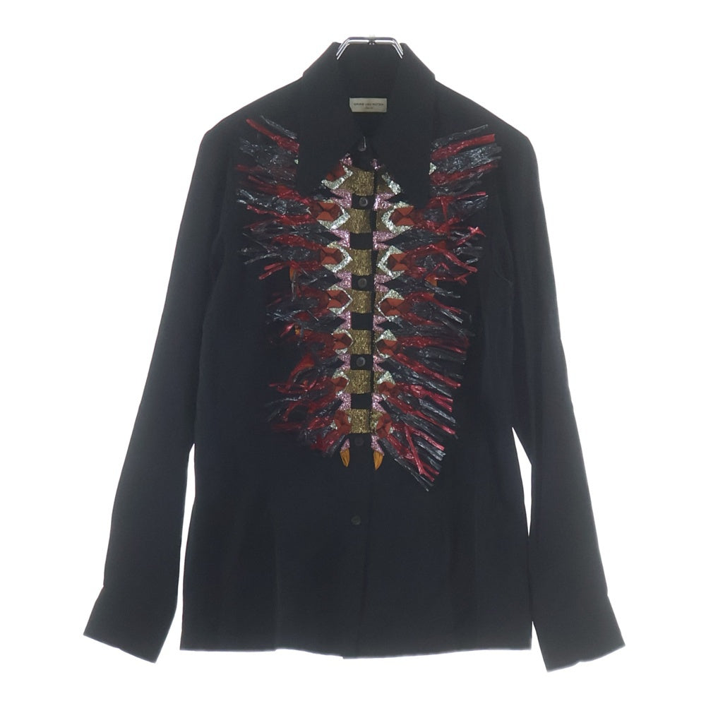 DRIES VAN NOTEN(ドリスヴァンノッテン) Embellished Shirt With Raffia Trim レーヨン混 ラフィアトリム エンブリッシュ長袖シャツ ブラック 71-01-86-01104