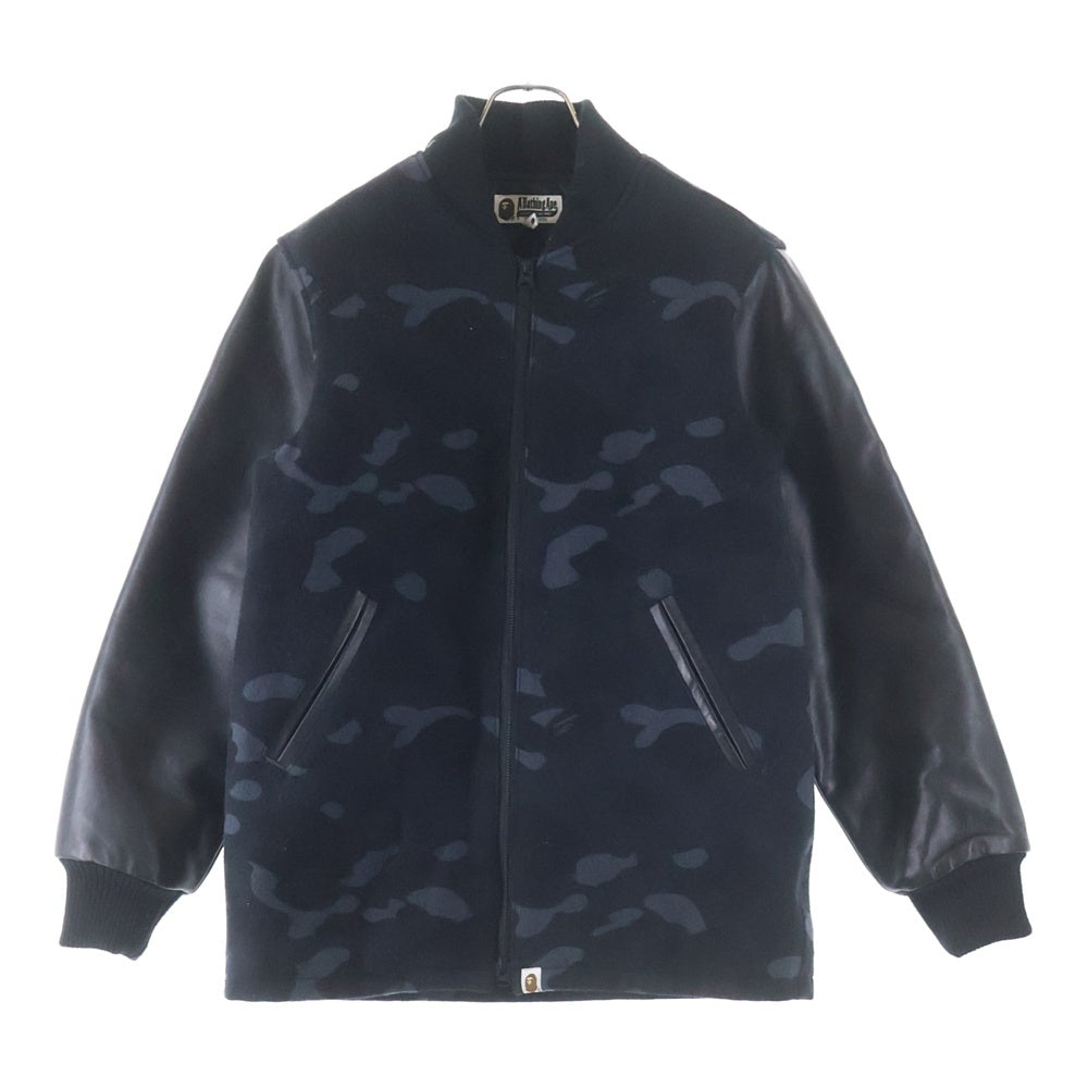 A BATHING APE(アベイシングエイプ) BLACK CAMO LEATHER VARSITY JACKET ブラックカモ総柄 アームレザー切替 ウールバーシティジャケット ジップアップブルゾン ブラック 001HJ0801003X
