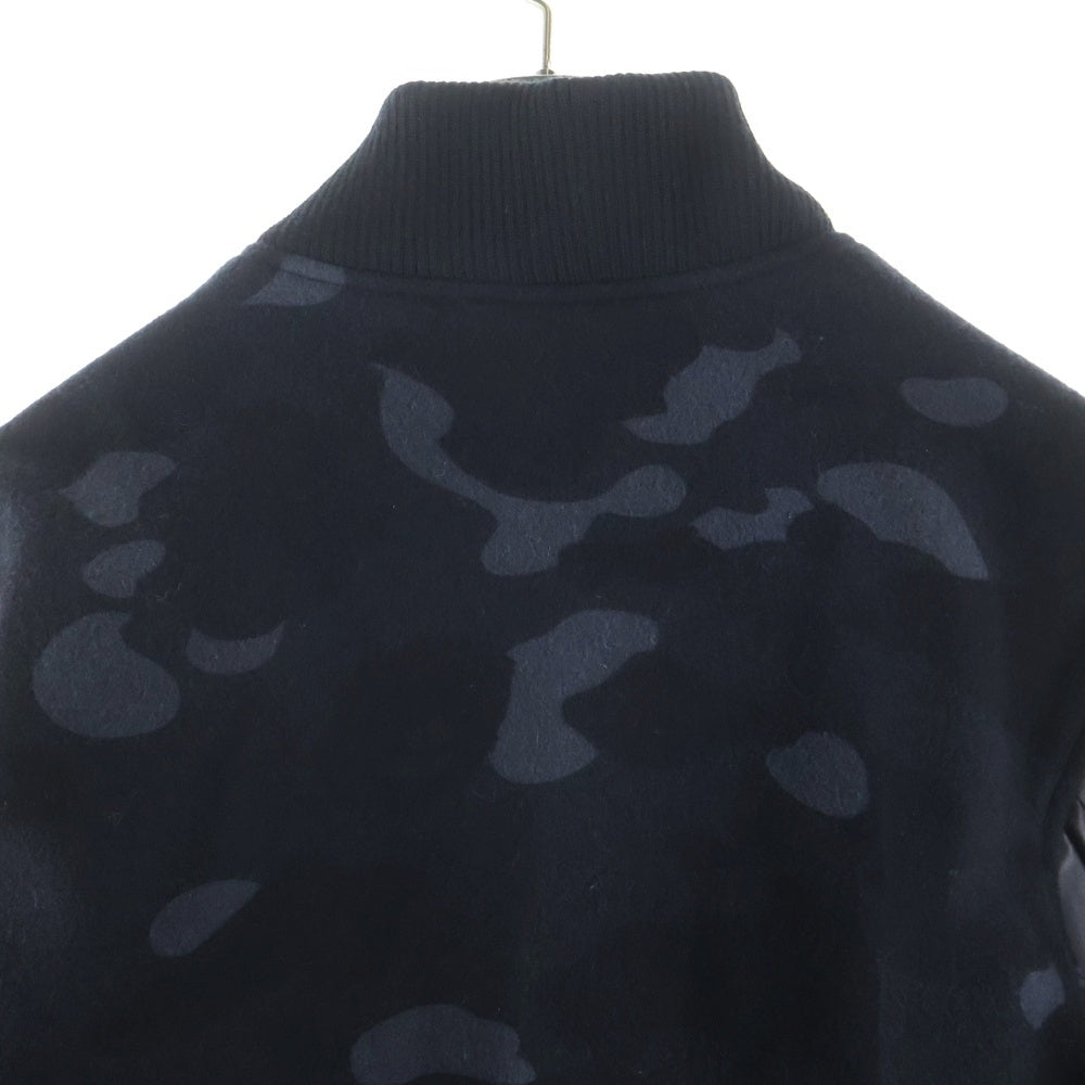 A BATHING APE(アベイシングエイプ) BLACK CAMO LEATHER VARSITY JACKET ブラックカモ総柄 アームレザー切替 ウールバーシティジャケット ジップアップブルゾン ブラック 001HJ0801003X
