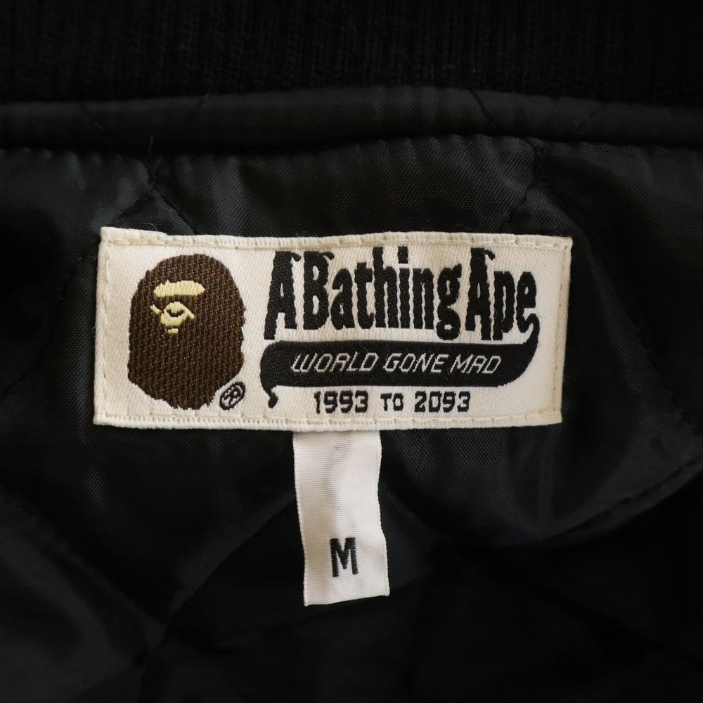 A BATHING APE(アベイシングエイプ) BLACK CAMO LEATHER VARSITY JACKET ブラックカモ総柄 アームレザー切替 ウールバーシティジャケット ジップアップブルゾン ブラック 001HJ0801003X