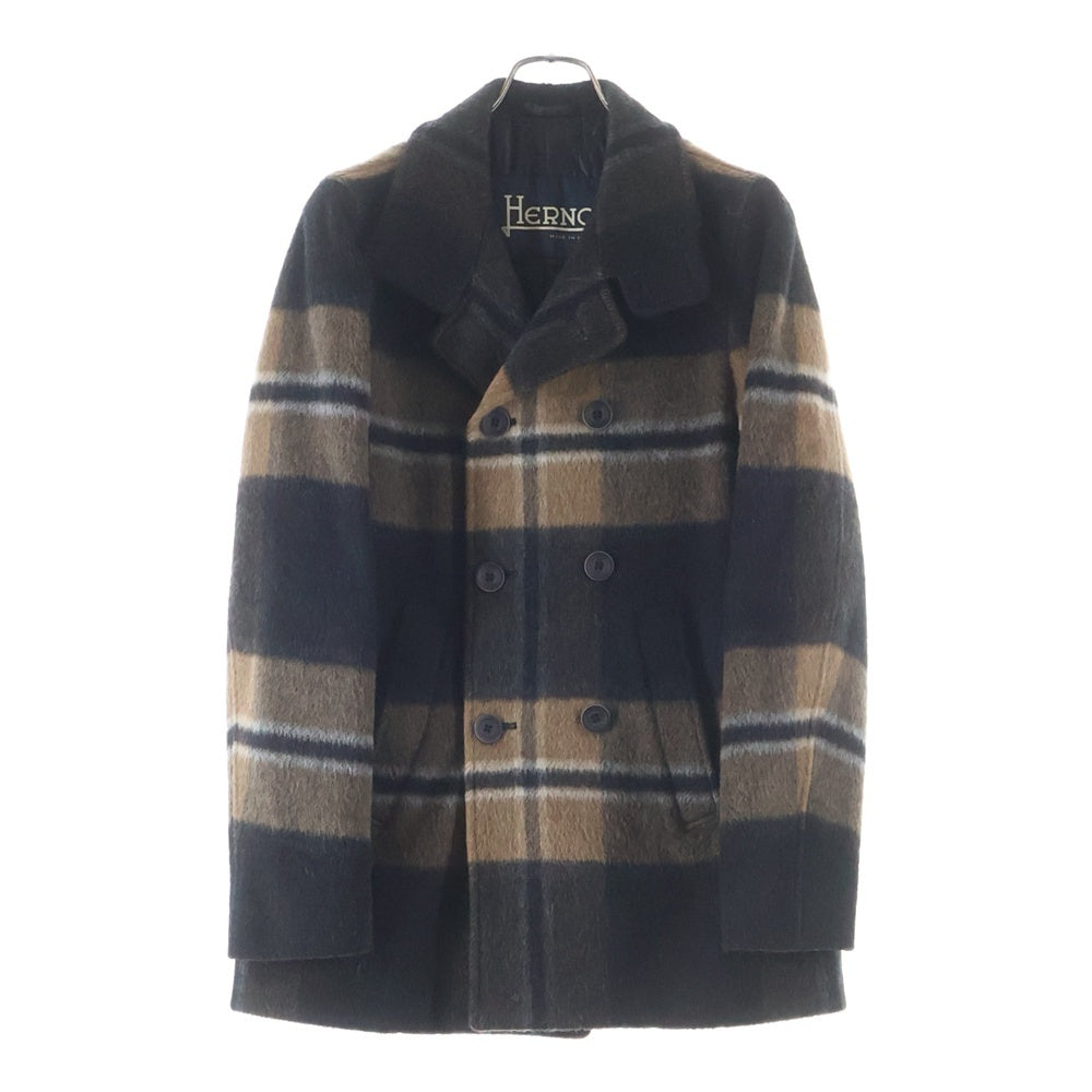 HERNO(ヘルノ) モヘア混 チェック柄 ウールダブルブレスト チェスターコート ブラウン/ブラック PE0015U-33507-9322