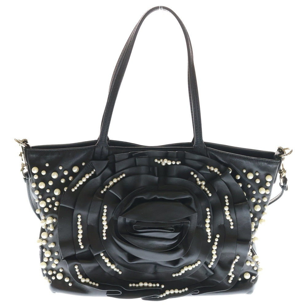 VALENTINO GARAVANI(ヴァレンチノガラヴァーニ) LEATHER PETALE ROSE PEARL EMBELLISHED SATCHEL レザー ローズモチーフ パール装飾 2WAY トートバッグ ショルダーバッグ ブラック ゴールド金具 レディース