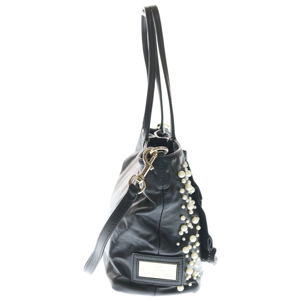 VALENTINO GARAVANI(ヴァレンチノガラヴァーニ) LEATHER PETALE ROSE PEARL EMBELLISHED SATCHEL レザー ローズモチーフ パール装飾 2WAY トートバッグ ショルダーバッグ ブラック ゴールド金具 レディース