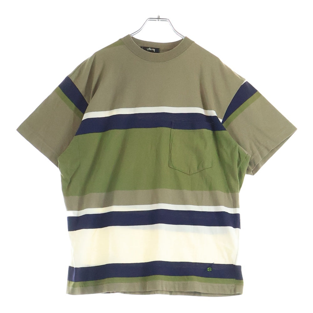 STUSSY(ステューシー) 80S OLD オールド 黒タグ ボーダー クルーネック半袖ポケットTシャツ カットソー カーキ
