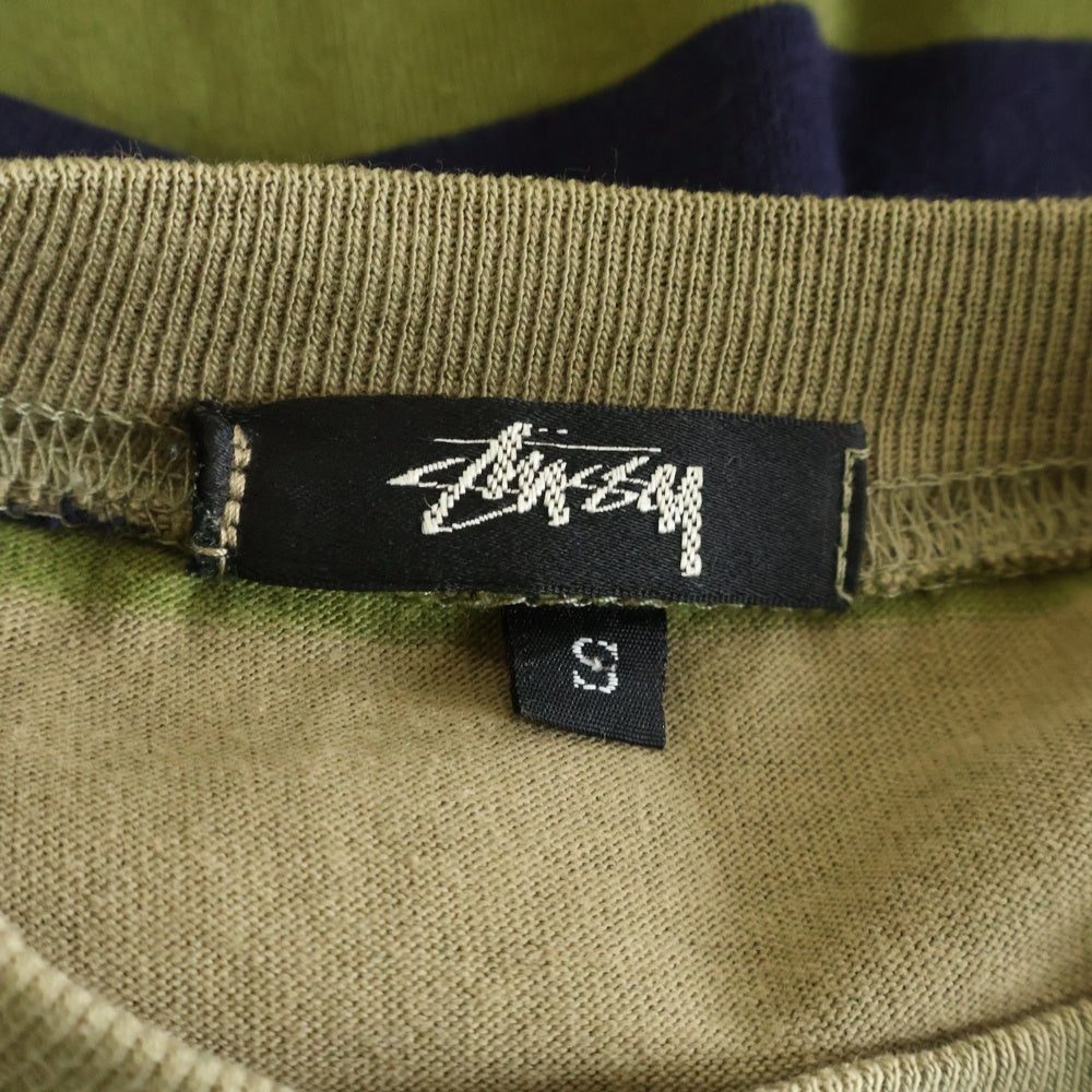 STUSSY(ステューシー) 80S OLD オールド 黒タグ ボーダー クルーネック半袖ポケットTシャツ カットソー カーキ