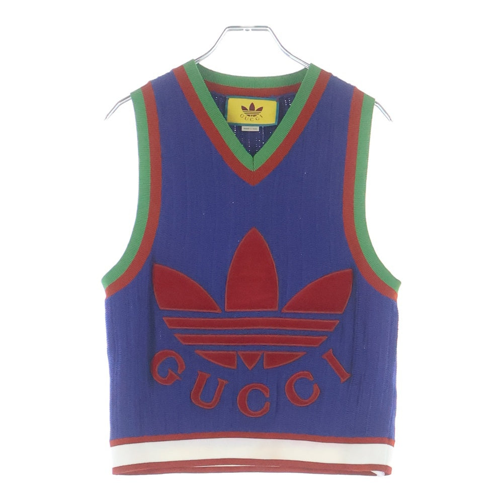 GUCCI(グッチ) VISCOSE VEST BLUE ベルベットトレフォイルロゴ レーヨンニットベスト ブルー/レッド 696245 XKCIC
