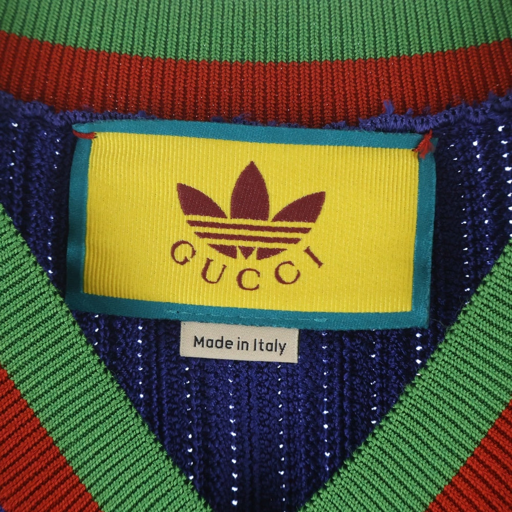 GUCCI(グッチ) VISCOSE VEST BLUE ベルベットトレフォイルロゴ レーヨンニットベスト ブルー/レッド 696245 XKCIC