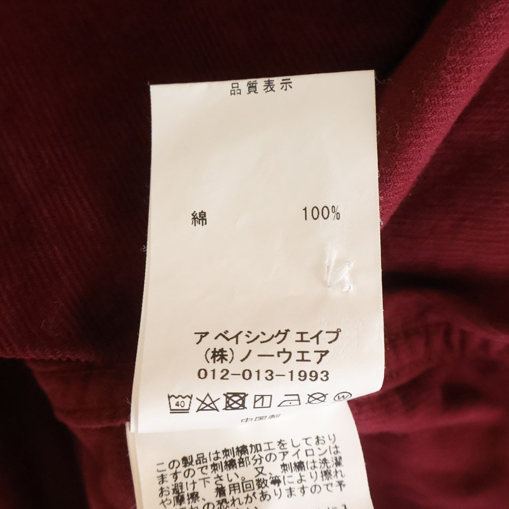 A BATHING APE(アベイシングエイプ) Ape Head Corduroy Shirt エイプヘッド コーデュロイ長袖シャツ バーガンディー 001SHJ801009M