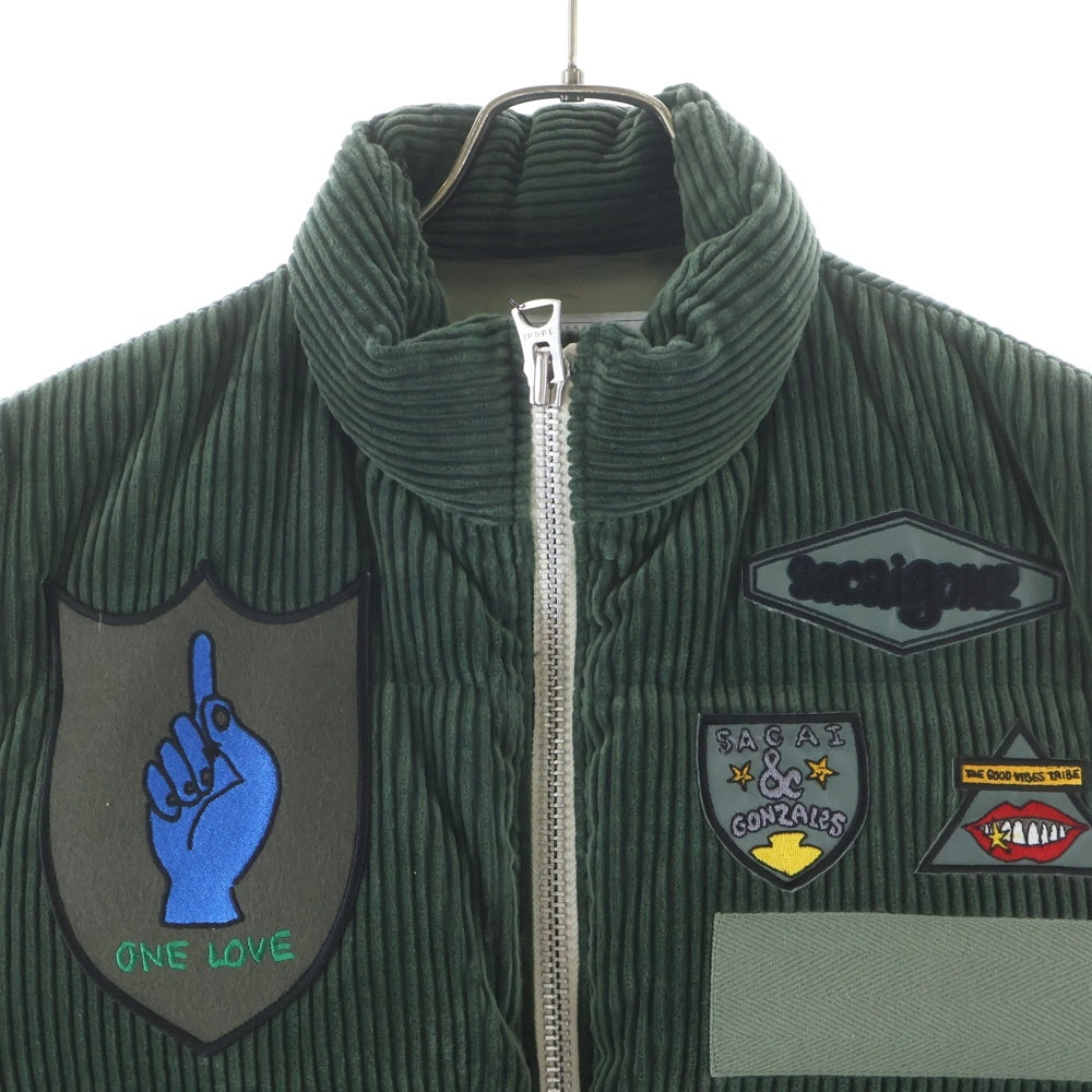 Sacai(サカイ) 24AW ×MARK GONZALES MULTI PATCH DOWN VEST マークゴンザレス ワッペン付き コーデュロイ ジップアップ ダウンベスト グリーン 24-03551M