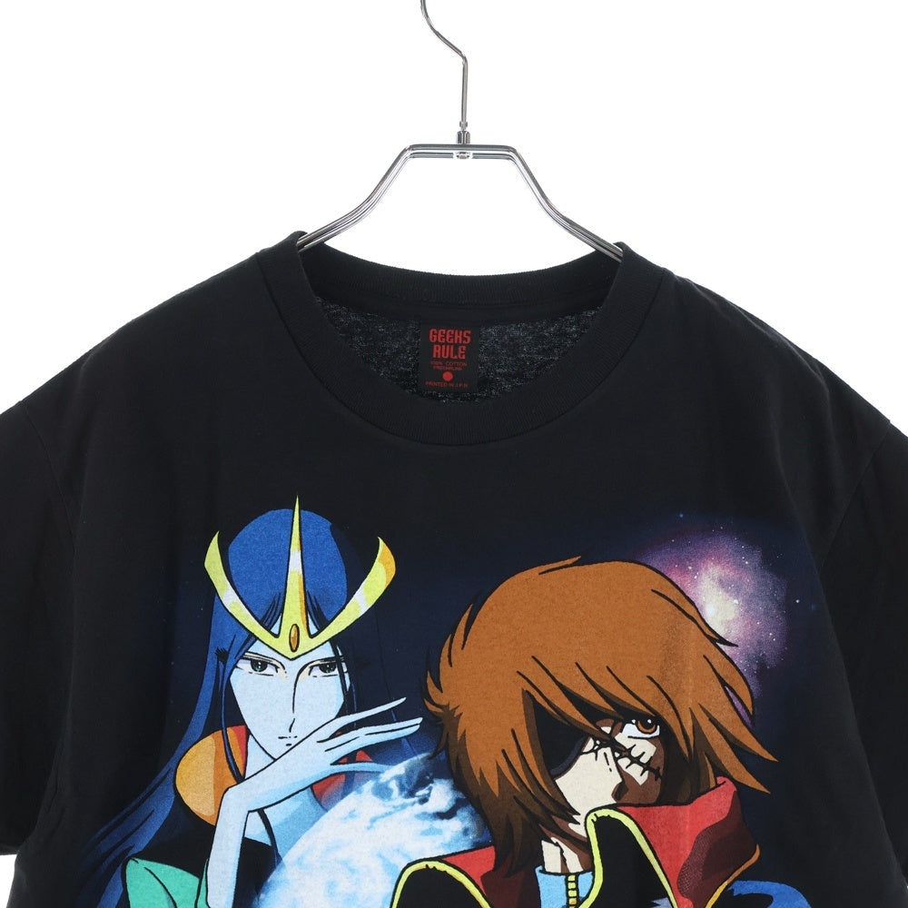 GEEKSRULE(ギークスルール) ×SPACE PIRATE CAPTAIN HARLOCK 宇宙海賊キャプテンハーロック シルクスクリーンプリント クルーネックプルオーバー 半袖Tシャツカットソー ブラック